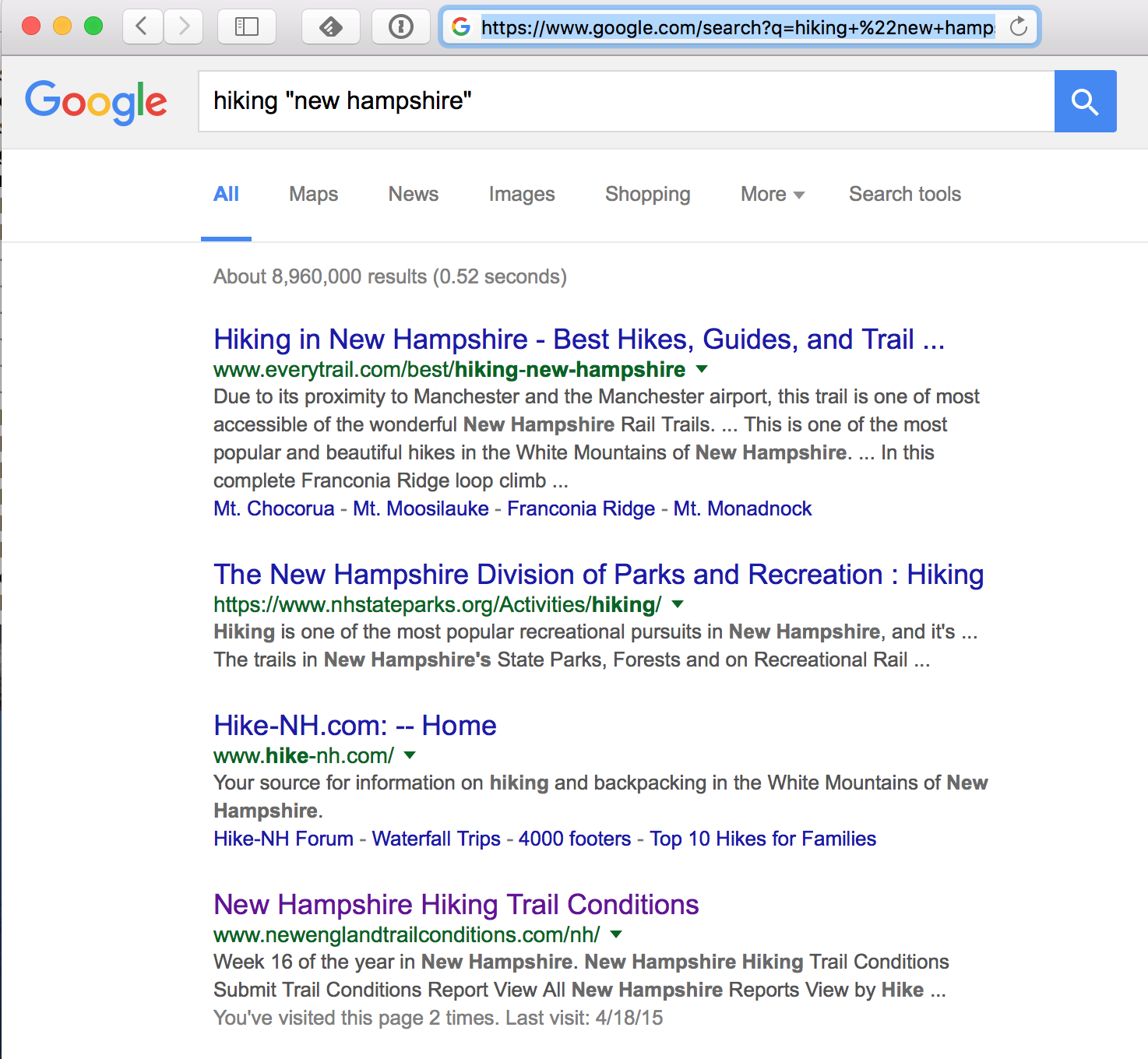 Google search for *hiking "new hampshire"*